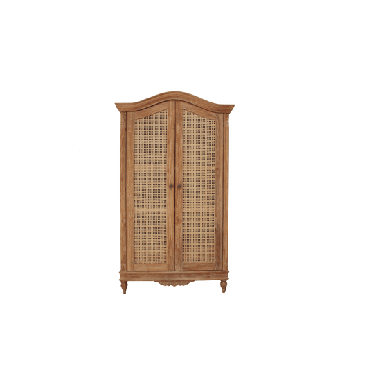 Belle French Weathered Wardrobe with Rattan Panelled Doors - Teak
