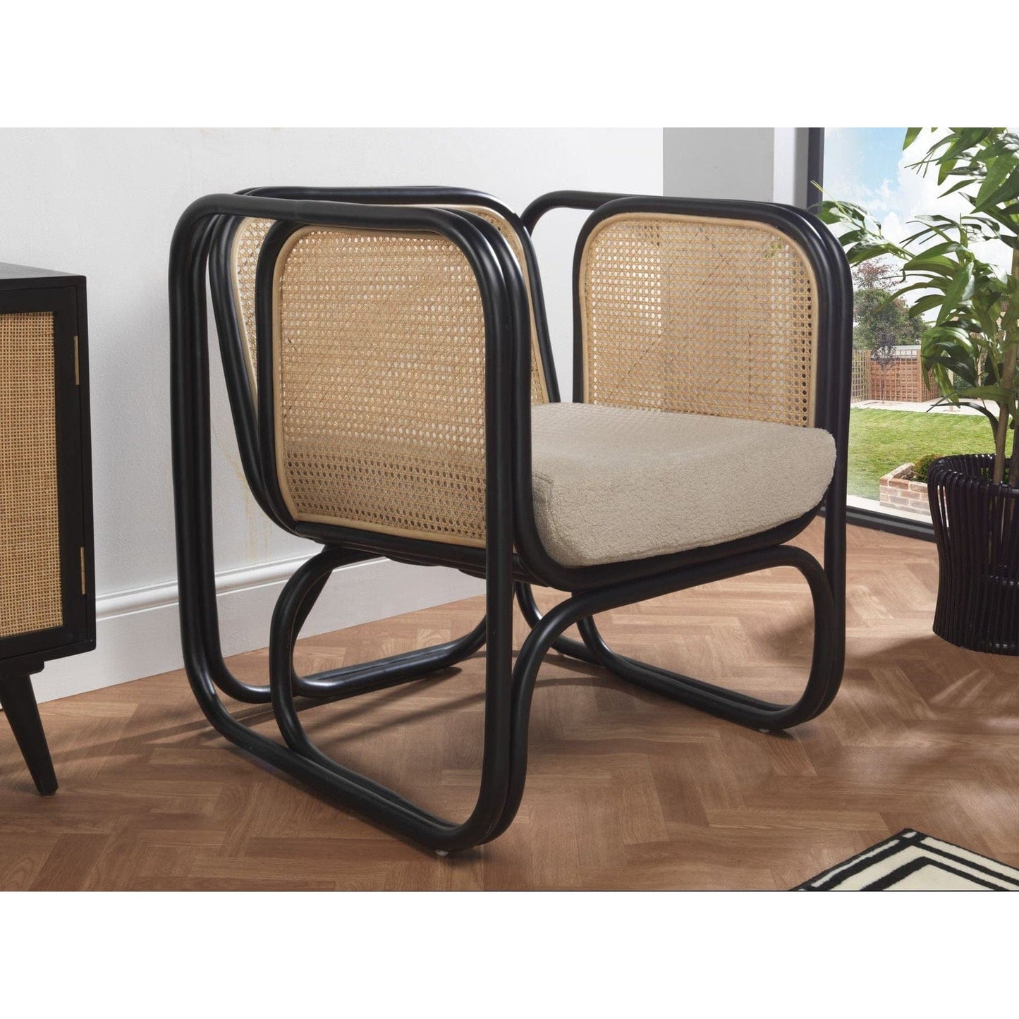 Iconic Indoor Cane Rattan Armchair with Boucle Latte Cushion – Black