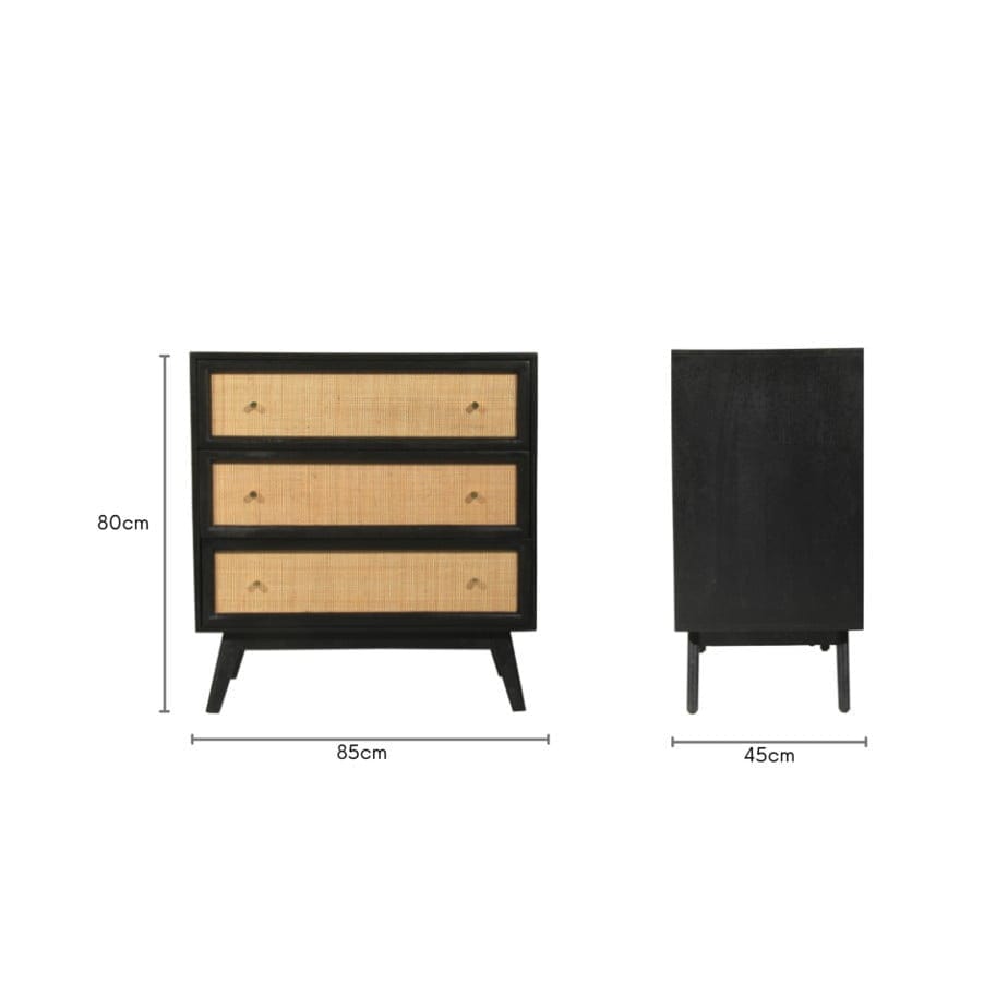 Venice 3 Drawer Chest Unit Rattan & Mango Wood in Black