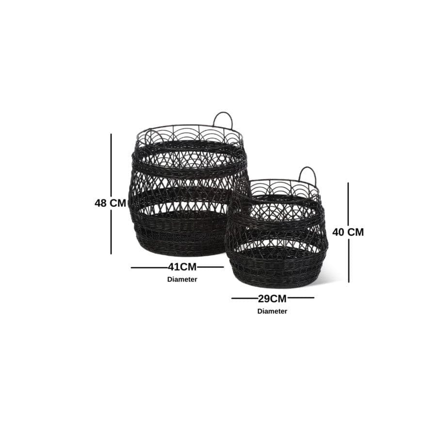 Set of 2 Black Rattan Storage Baskets