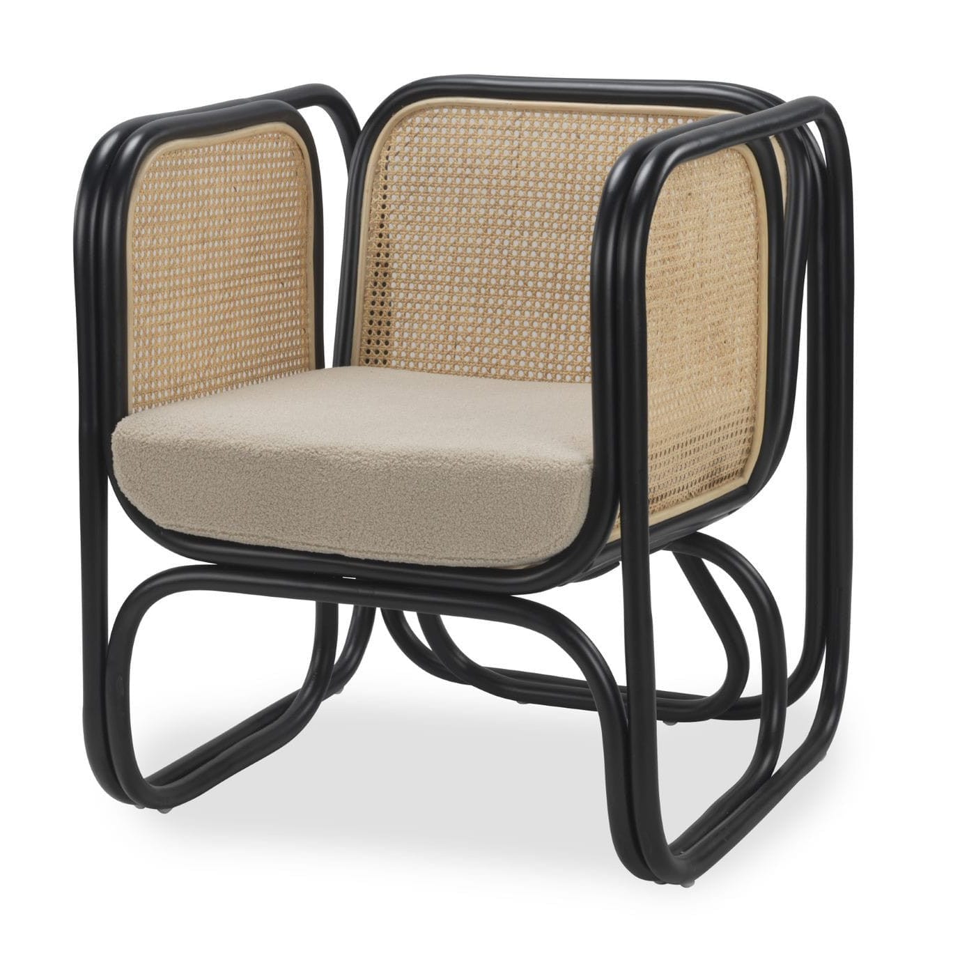 Iconic Indoor Cane Rattan Armchair with Boucle Latte Cushion – Black