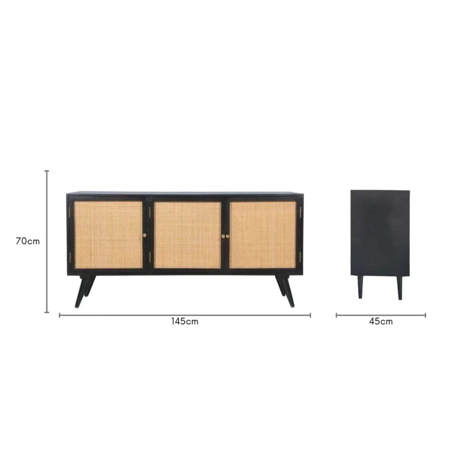 Manhattan Large 3 Door Sideboard Rattan & Wood Cabinet in Black