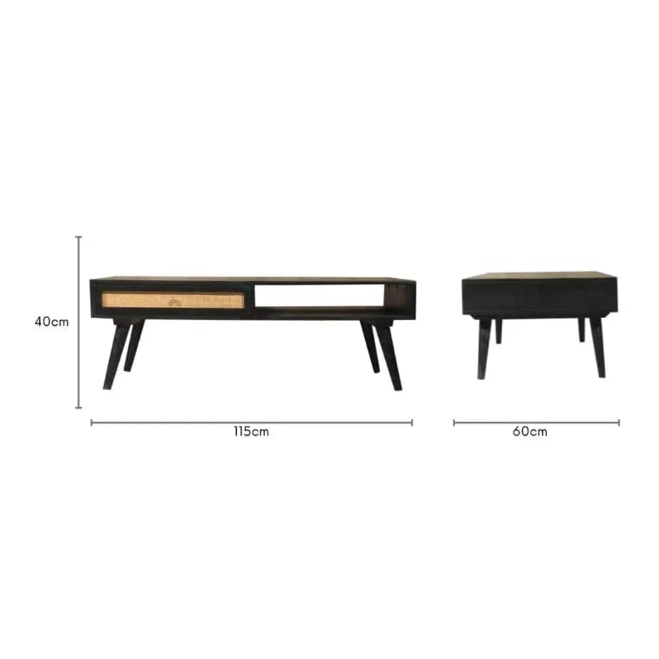 Manhattan Cane & Wood Coffee Table with Drawer and Open Shelf in Black