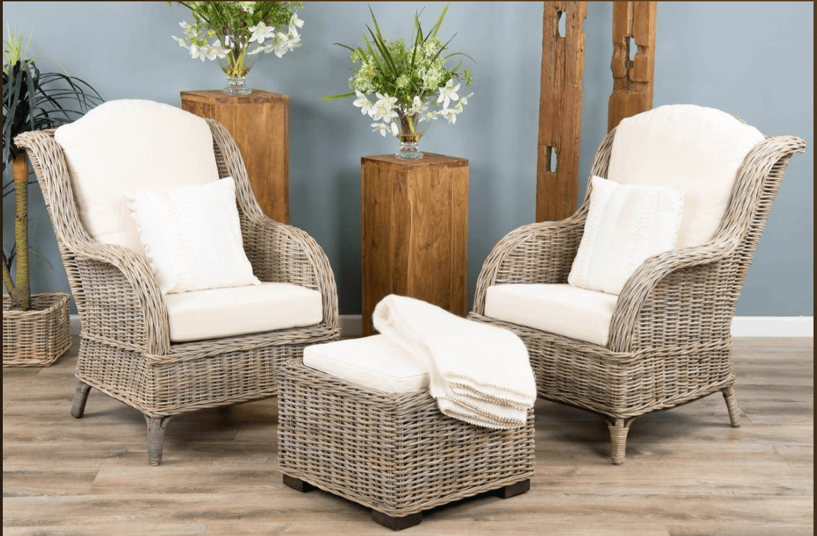 Jumo Natural Wicker Armchairs and Footstool Set