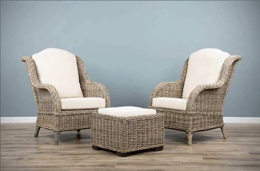 Jumo Natural Wicker Armchairs and Footstool Set