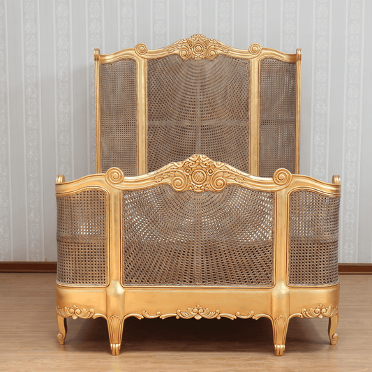 French Carved Rattan Bed with High Headboard - Antique Gold Leaf