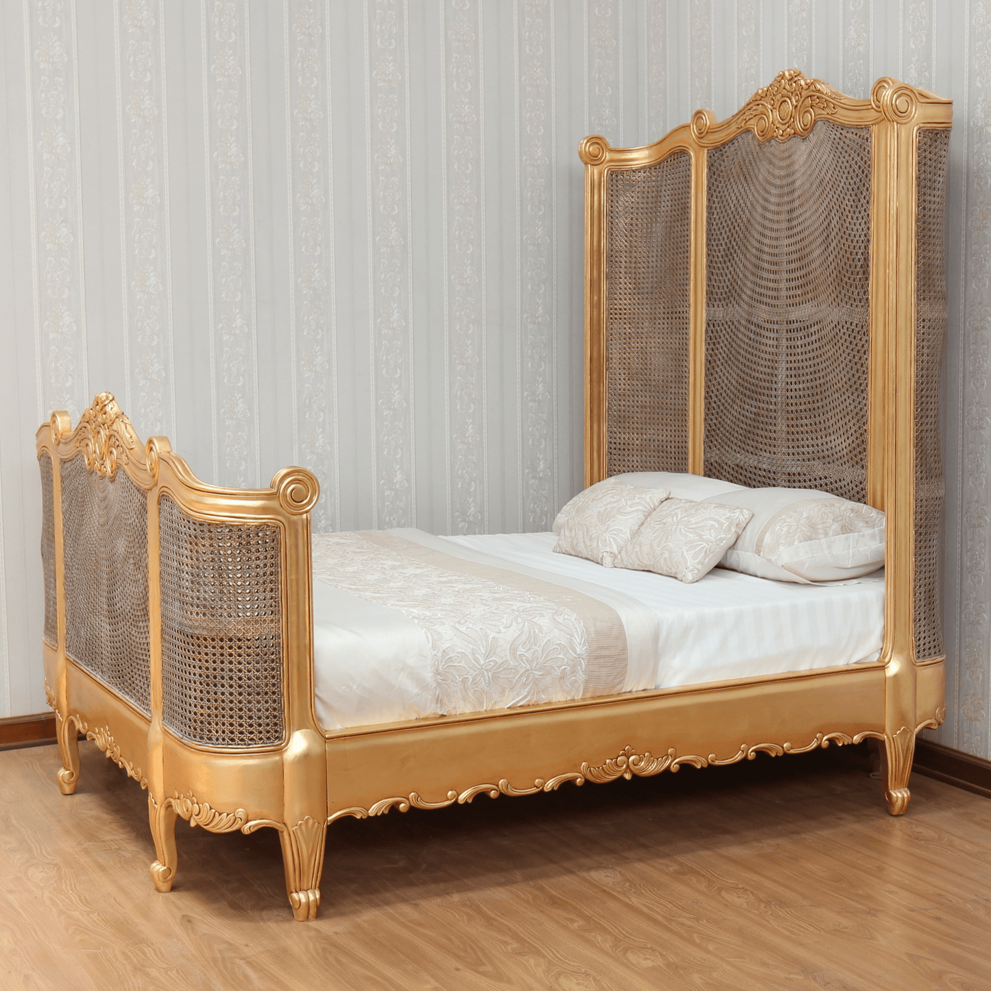 French Carved Rattan Bed with High Headboard - Antique Gold Leaf