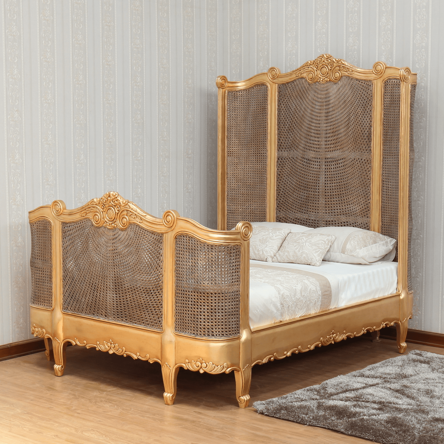 French Carved Rattan Bed with High Headboard - Antique Gold Leaf
