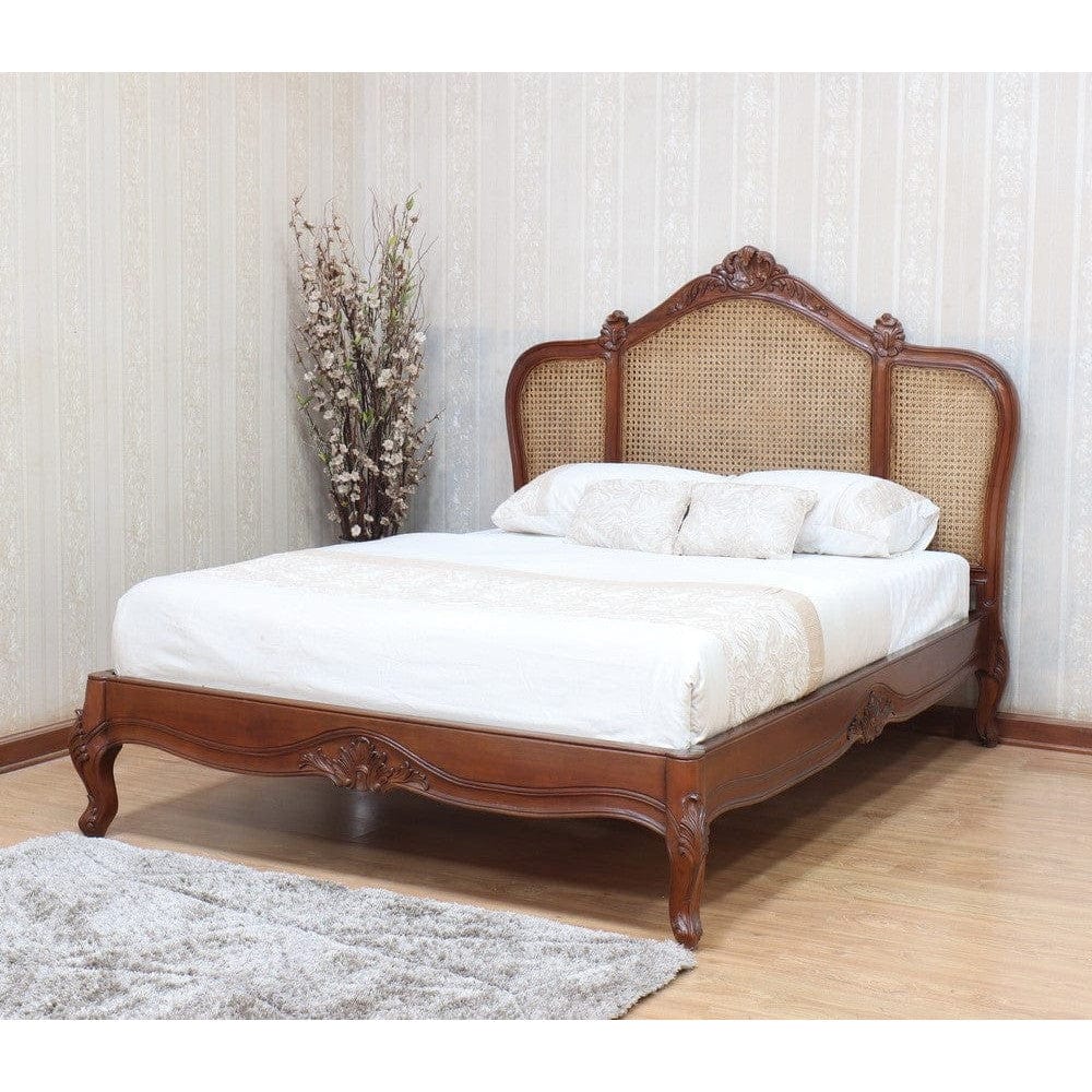 French Normandy Rattan Bed with Low Footboard - Wax / Antique Grey / White Paint