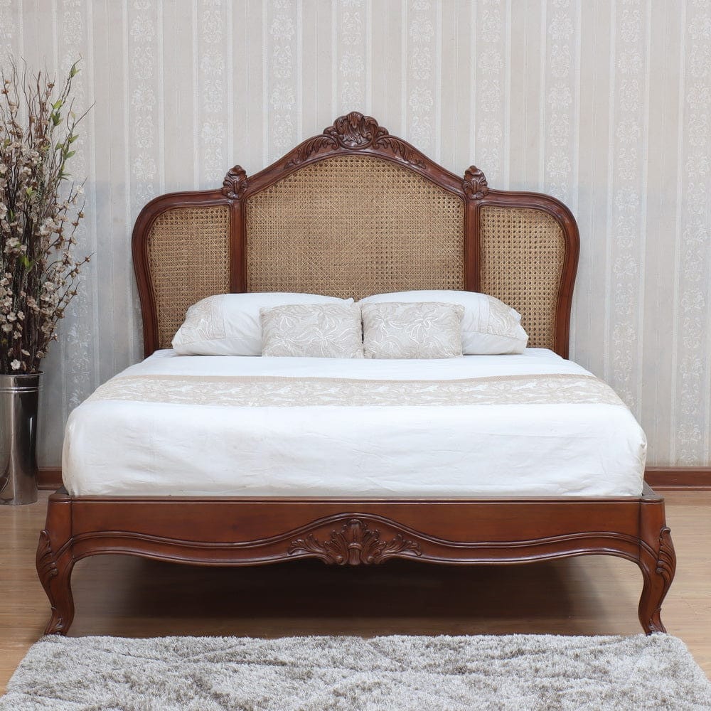 French Normandy Rattan Bed with Low Footboard - Wax / Antique Grey / White Paint