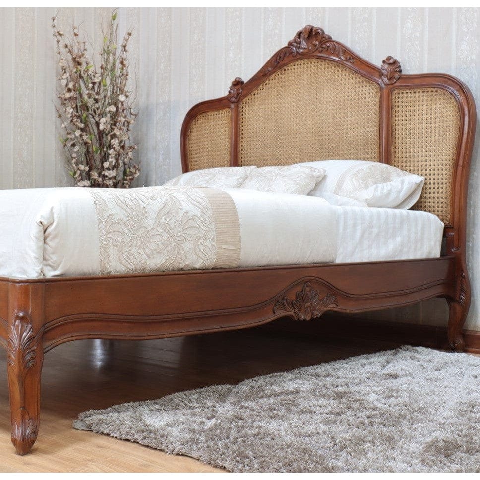 French Normandy Rattan Bed with Low Footboard - Wax / Antique Grey / White Paint