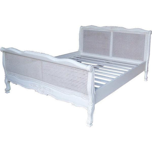 Louis French Cane Rattan Bed Frame - White