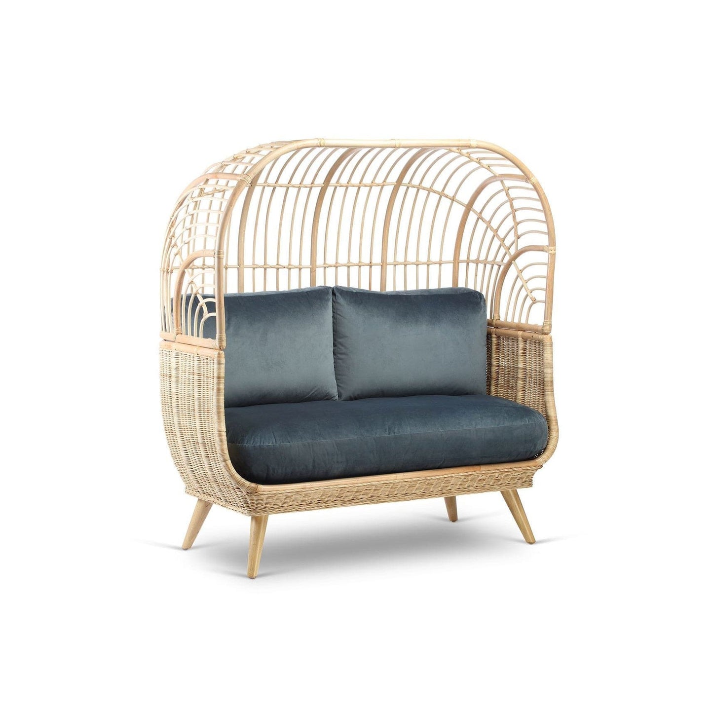 Natural Rattan Cocoon Sofa – Velvet Blue Cushion