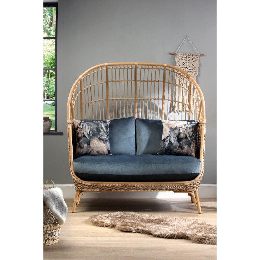 Natural Rattan Cocoon Sofa – Velvet Blue Cushion