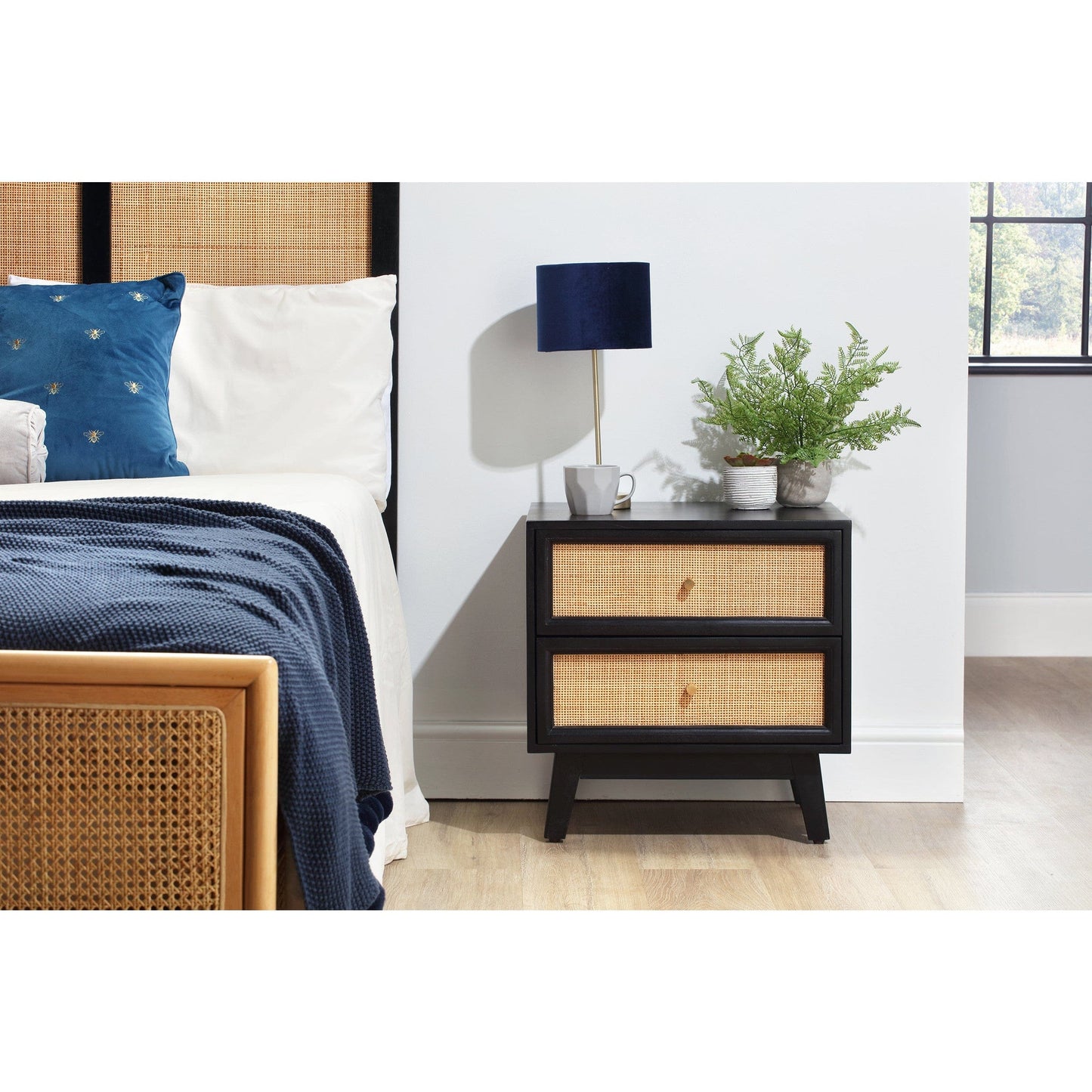 Venice 2 Drawer Bedside Table Rattan & Mango Wood in Black