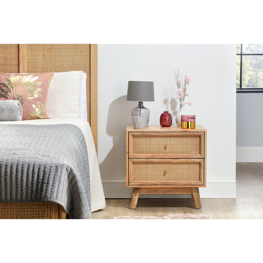 Venice 2 Drawer Bedside Table Rattan & Mango Wood in Natural