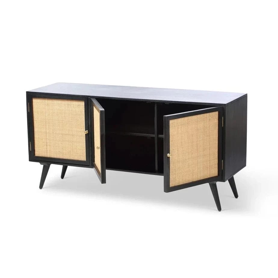 Manhattan Large 3 Door Sideboard Rattan & Wood Cabinet in Black