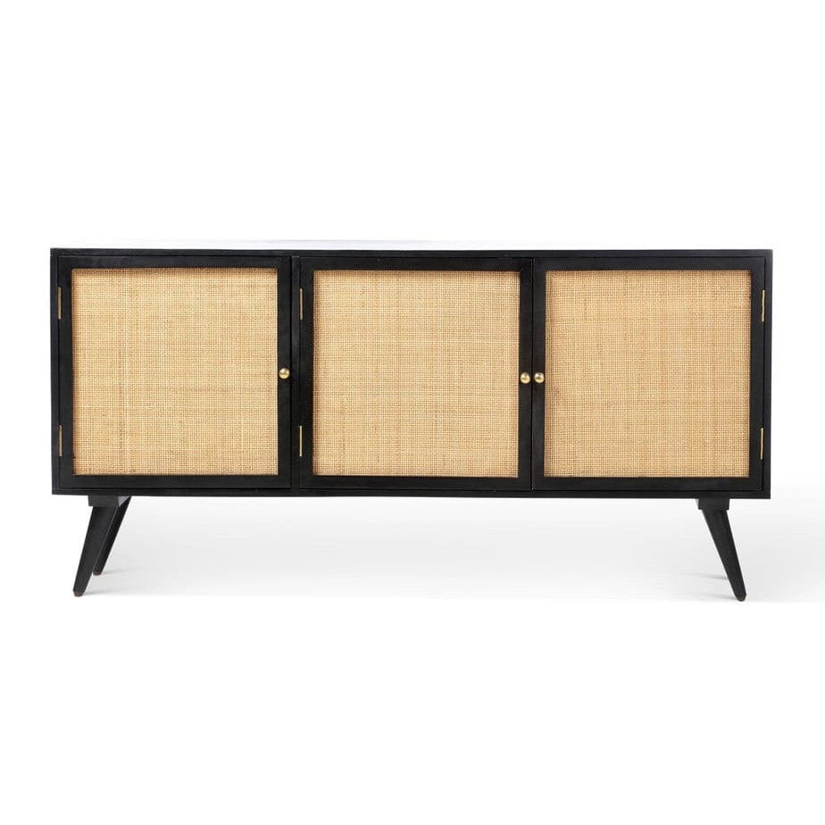 Manhattan Large 3 Door Sideboard Rattan & Wood Cabinet in Black