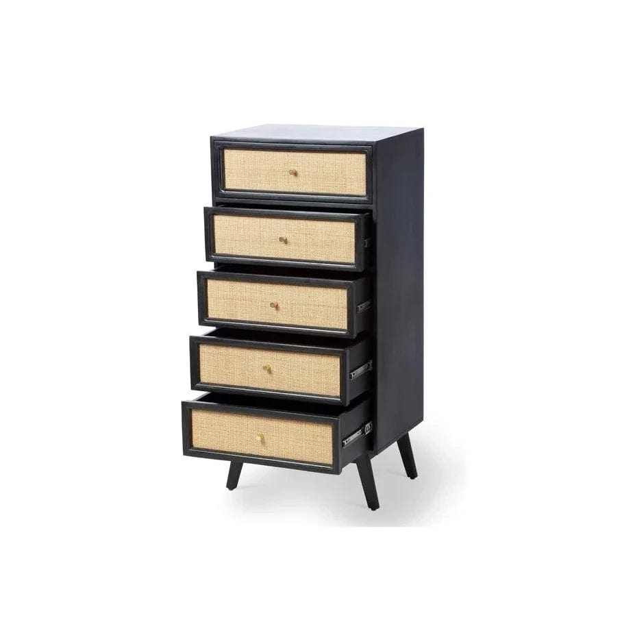 Venice Tall 5 Drawer Unit Rattan & Mango Wood in Black