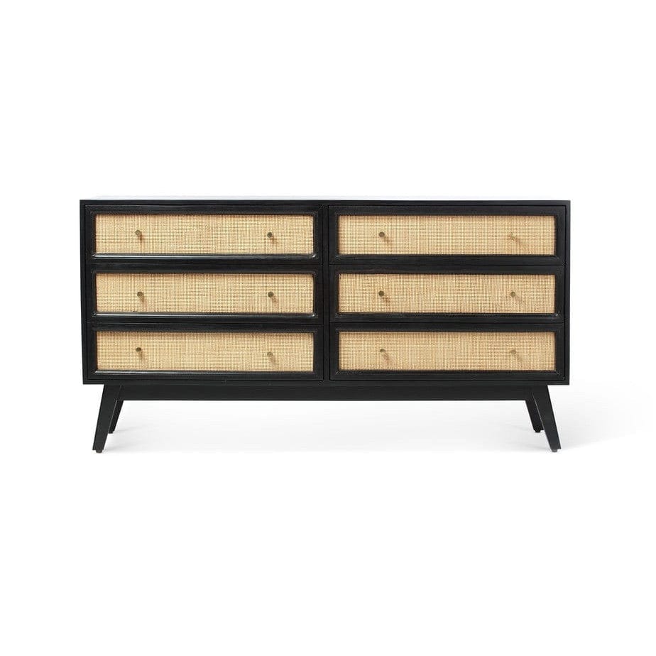 Venice Wide 6 Drawer Chest Unit Rattan & Mango Wood in Black