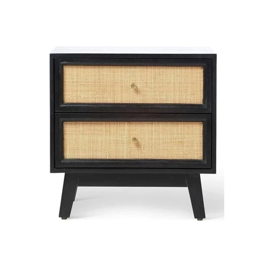 Venice 2 Drawer Bedside Table Rattan & Mango Wood in Black