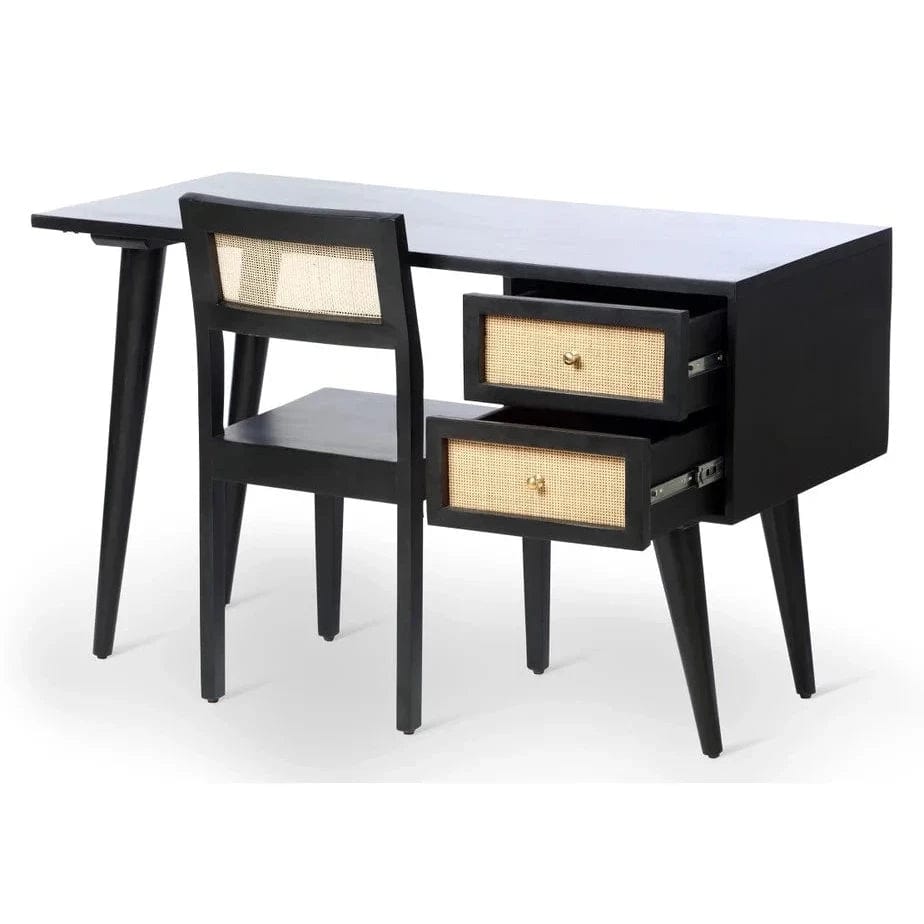 Venice 2 Drawer Cane and Wood Dressing Table Desk & Chair Set in Black