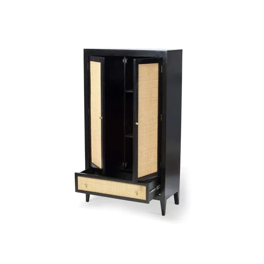 Venice Double Wardrobe with Drawer Rattan & Mango Wood in Black