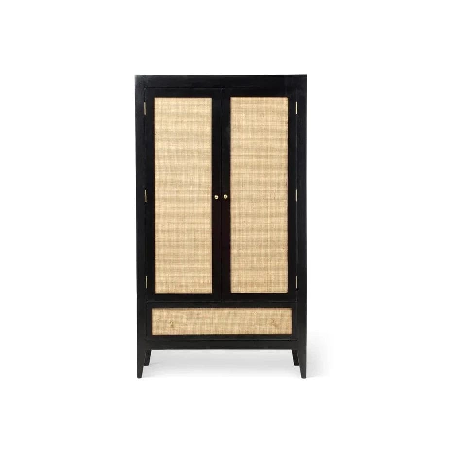 Venice Double Wardrobe with Drawer Rattan & Mango Wood in Black