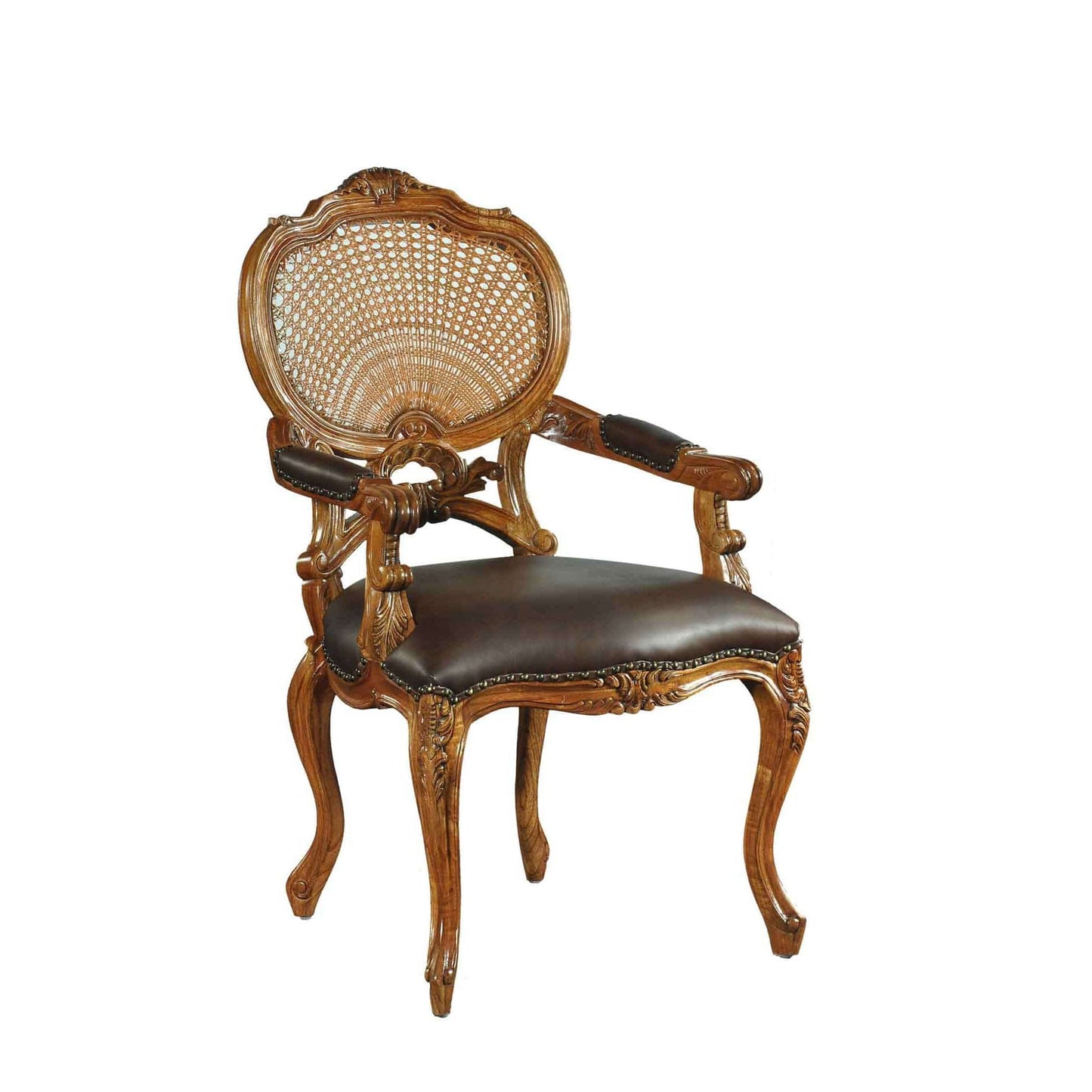 Hampton French Rattan Chair With Brown Leather Seat