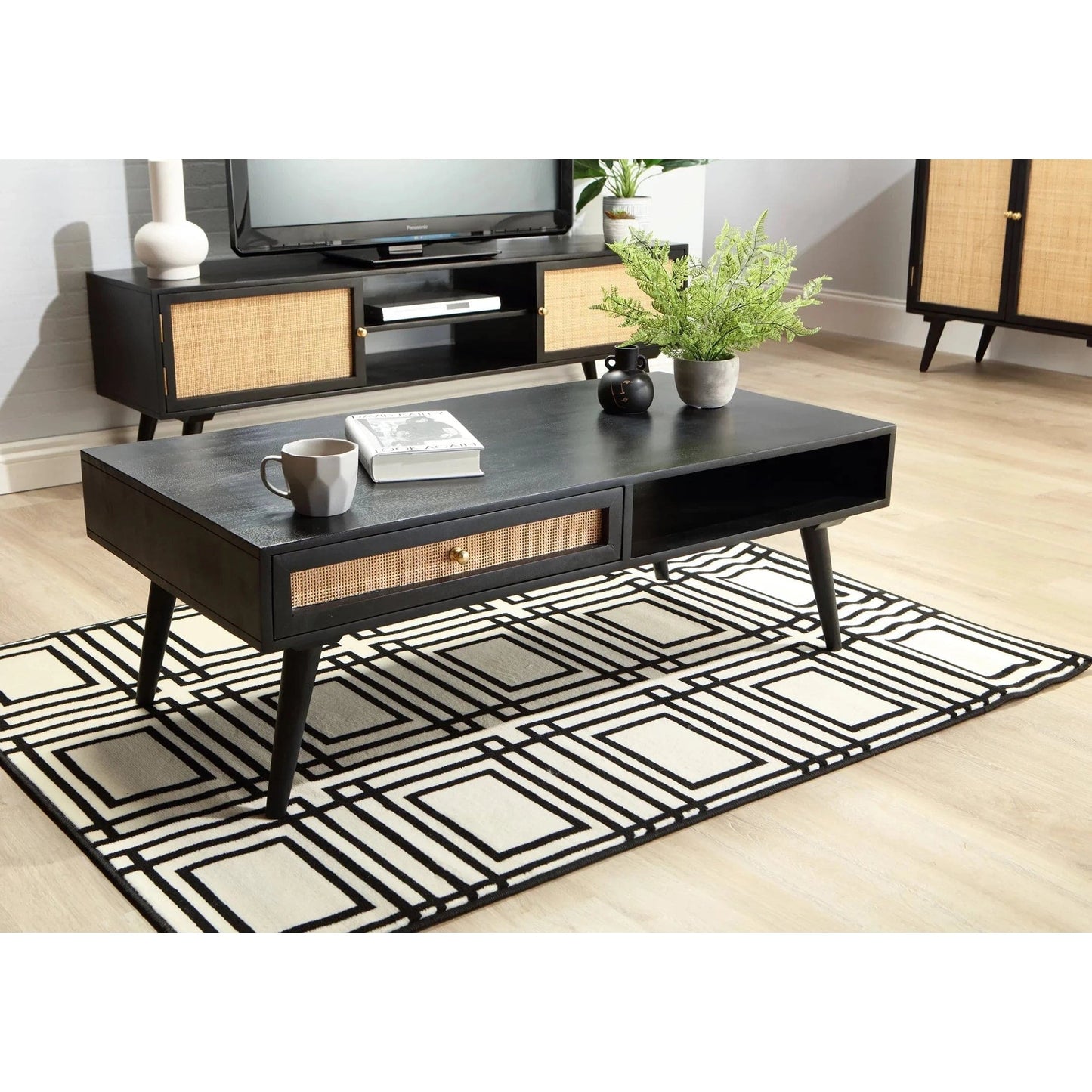 Manhattan Cane & Wood Coffee Table with Drawer and Open Shelf in Black