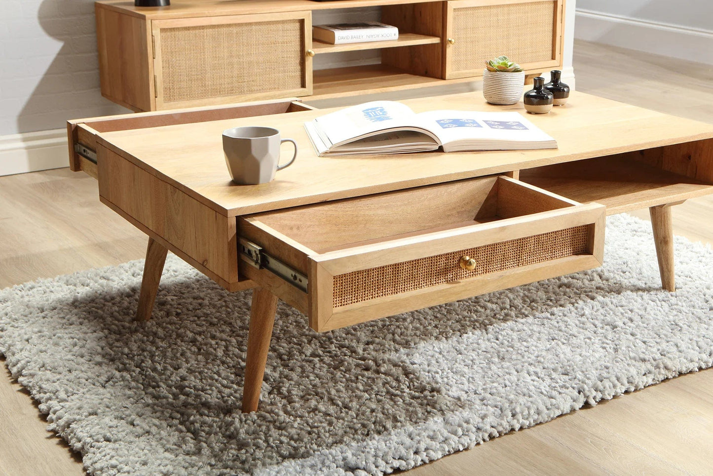 Manhattan Cane & Wood Coffee Table with Drawer and Open Shelf in Natural