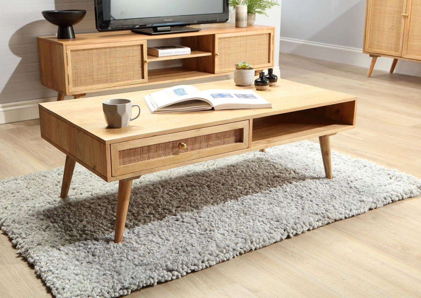 Manhattan Cane & Wood Coffee Table with Drawer and Open Shelf in Natural