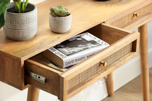 Manhattan 2 Draw Cane & Wood Console Table in Natural