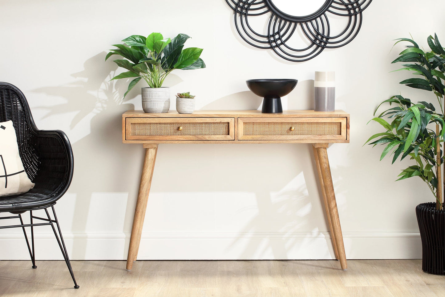 Manhattan 2 Draw Cane & Wood Console Table in Natural