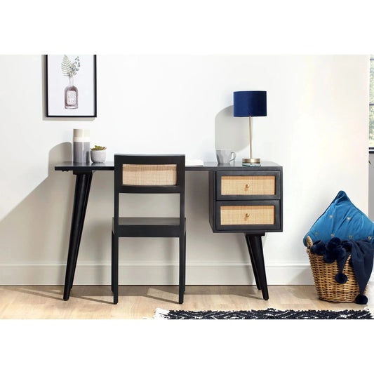 Venice 2 Drawer Cane and Wood Dressing Table Desk & Chair Set in Black