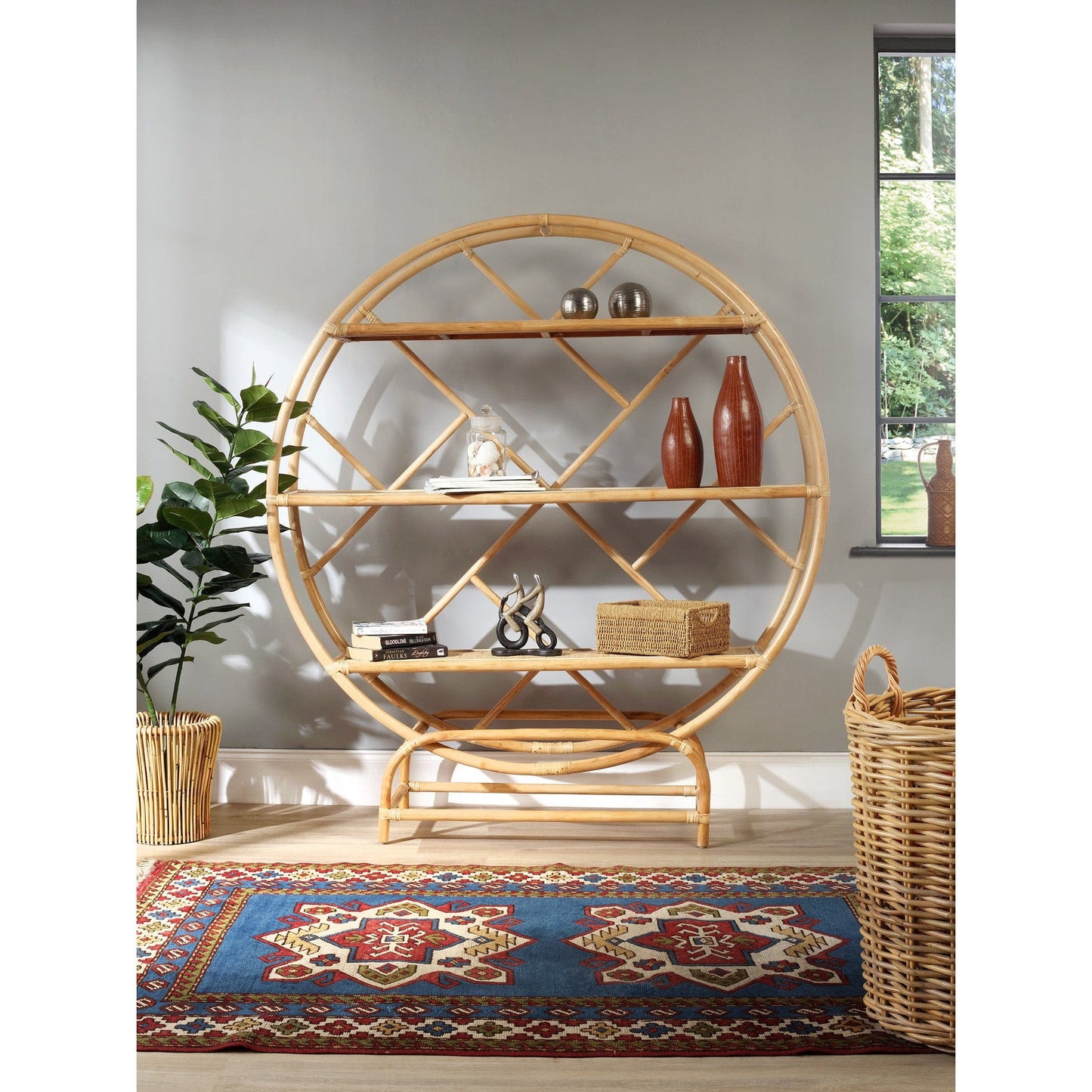 Natural Rattan Etagere, Round Standing 3 tier Bookcase