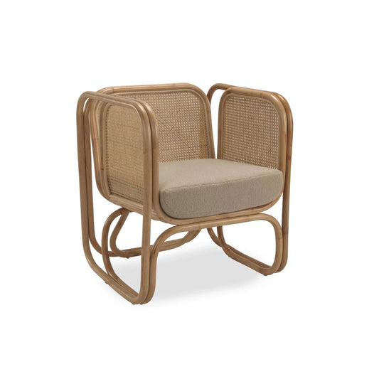 Iconic Indoor Cane Rattan Armchair with Boucle Latte Cushion – Natural