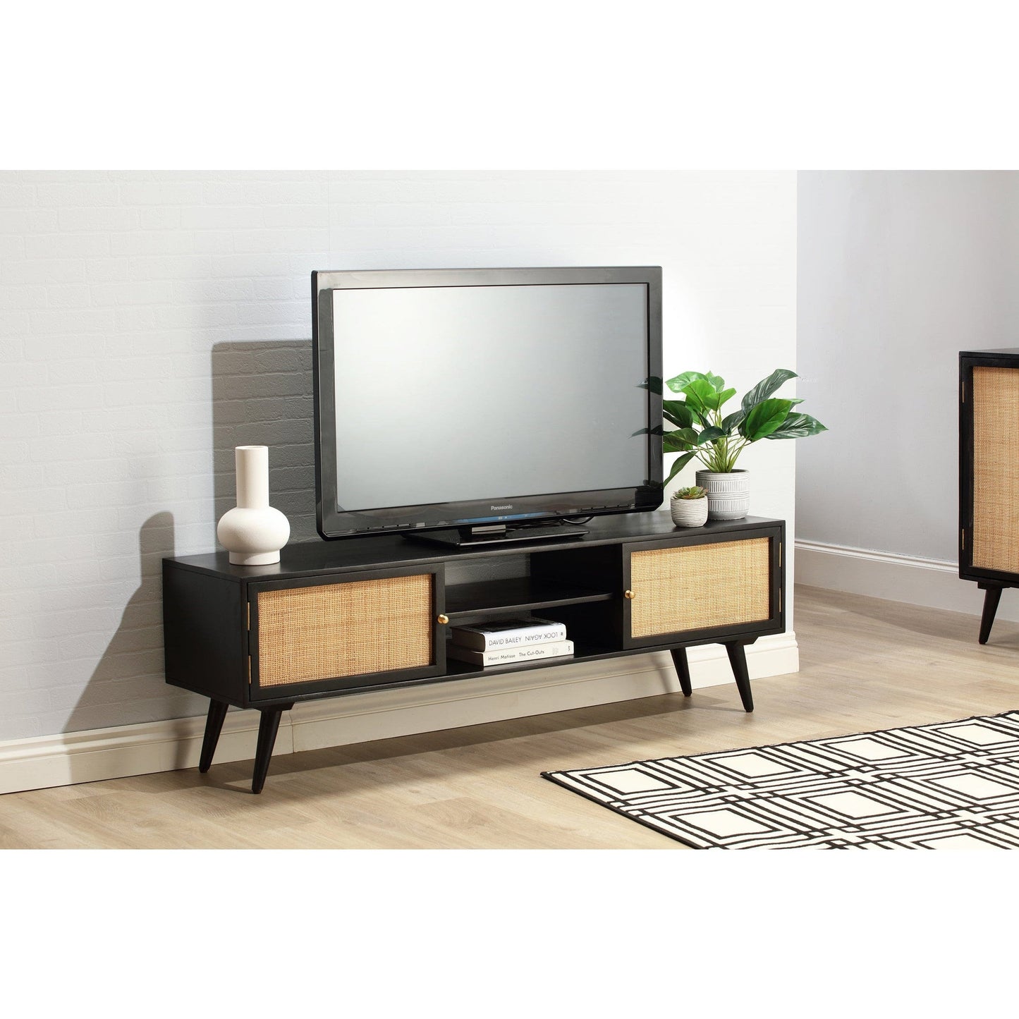 Manhattan Wide Rattan & Wood TV Stand with Storage in Black