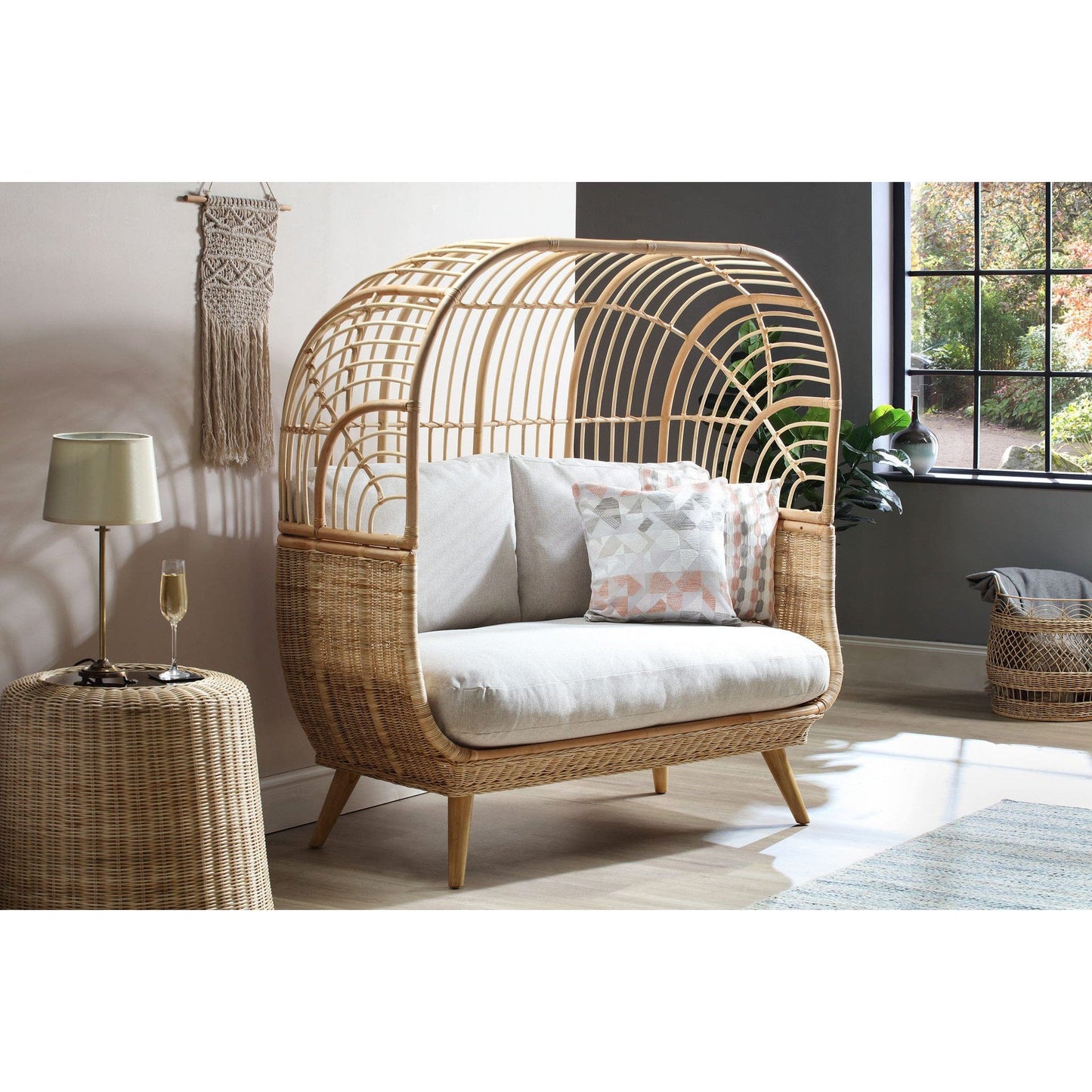 Natural Rattan Cocoon Sofa – Smooth Beige Cushion