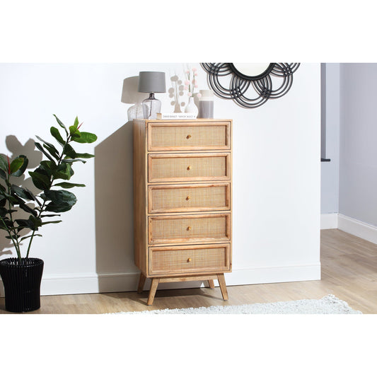 Venice Tall 5 Drawer Unit Rattan & Mango Wood in Natural