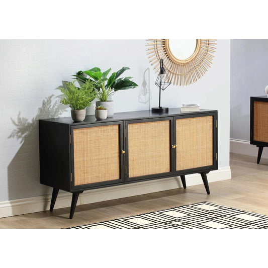 Manhattan Large 3 Door Sideboard Rattan & Wood Cabinet in Black