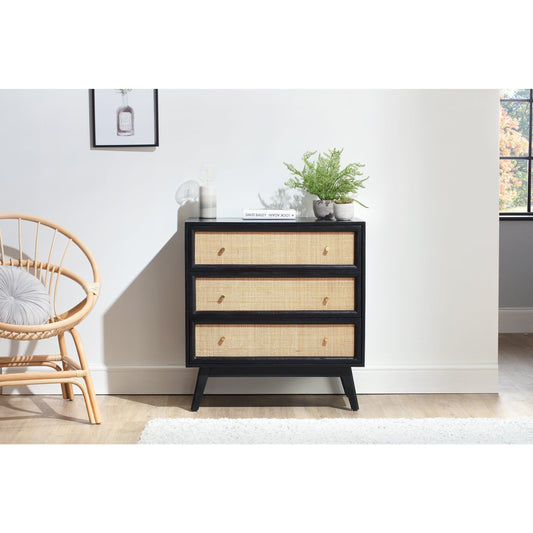 Venice 3 Drawer Chest Unit Rattan & Mango Wood in Black