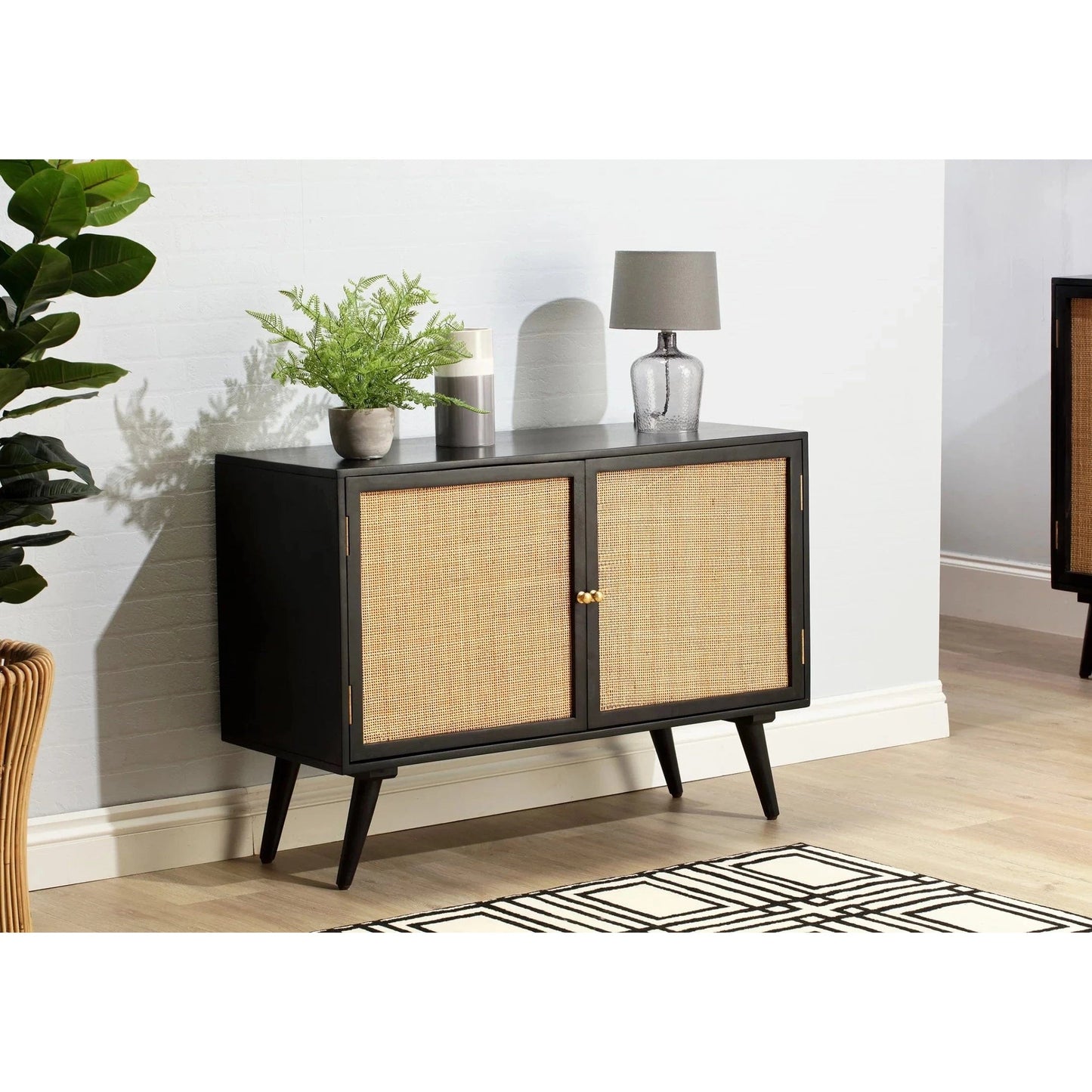 Manhattan 2 Door Sideboard Rattan & Wood Cabinet in Black