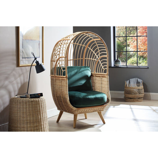 Natural Rattan Cocoon Chair in Velvet Green Cushion