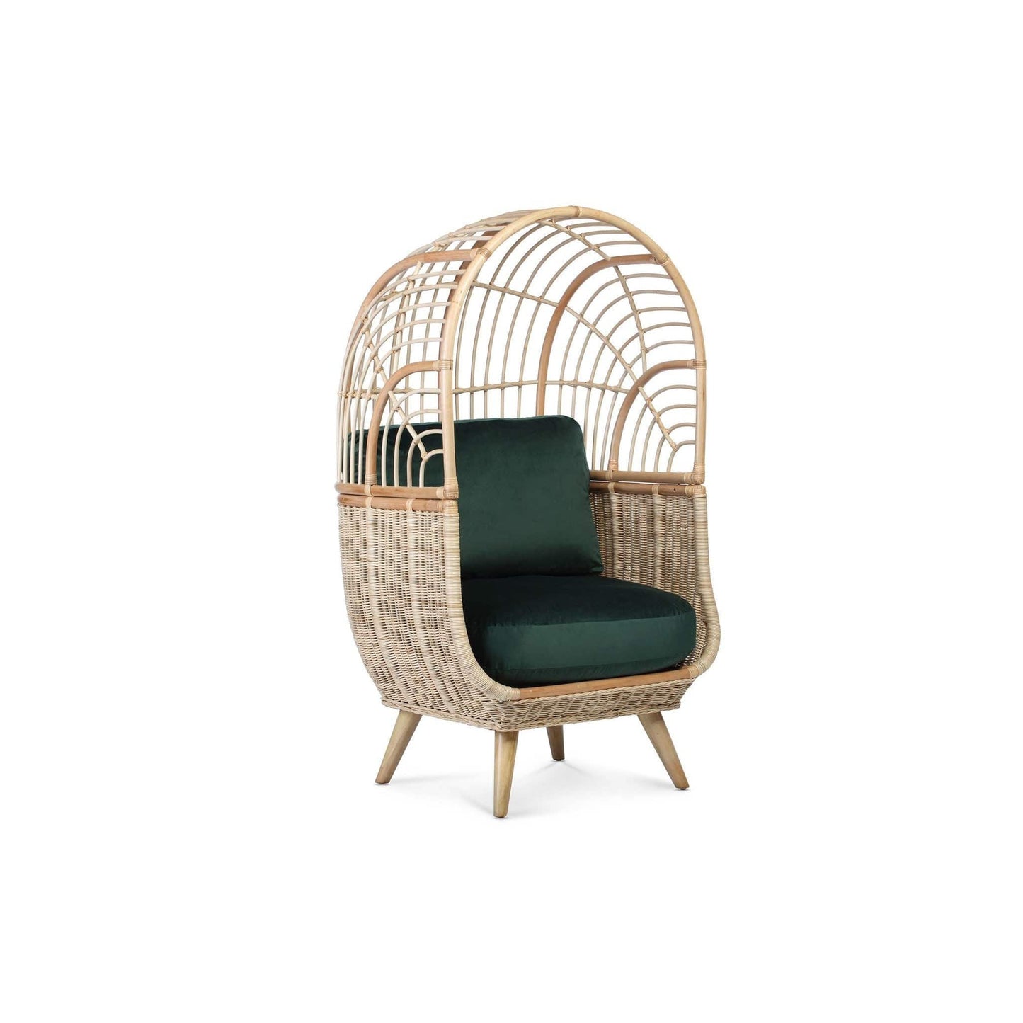 Natural Rattan Cocoon Chair in Velvet Green Cushion