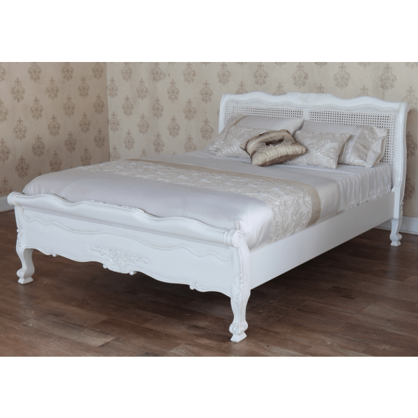 Louis French Rattan Bed Frame with Low Footboard - Wax / Antique White