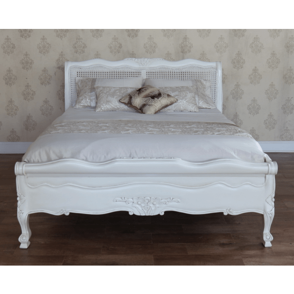 Louis French Rattan Bed Frame with Low Footboard - Wax / Antique White