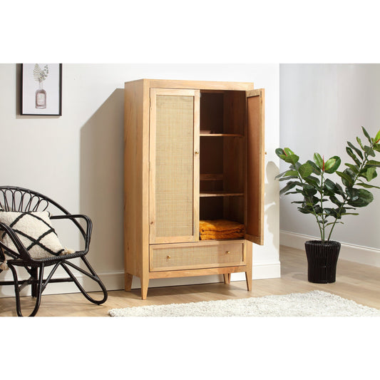 Venice Double Wardrobe with Drawer Rattan & Mango Wood in Natural