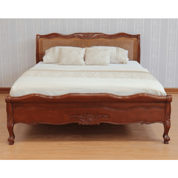 Louis French Rattan Bed Frame with Low Footboard - Wax / Antique White