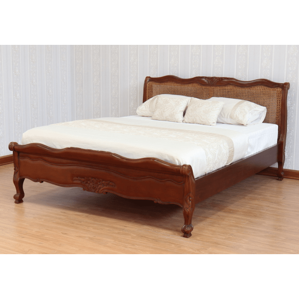 Louis French Rattan Bed Frame with Low Footboard - Wax / Antique White